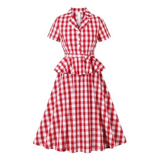 Generisch abiti a quadri da donna, stile anni '60, petticoat, rockabilly, da cocktail, vintage, a maniche corte, a-linea, da festa, midi, con scollo a v, da sera, elegante, da tempo libero, o rosso. , l