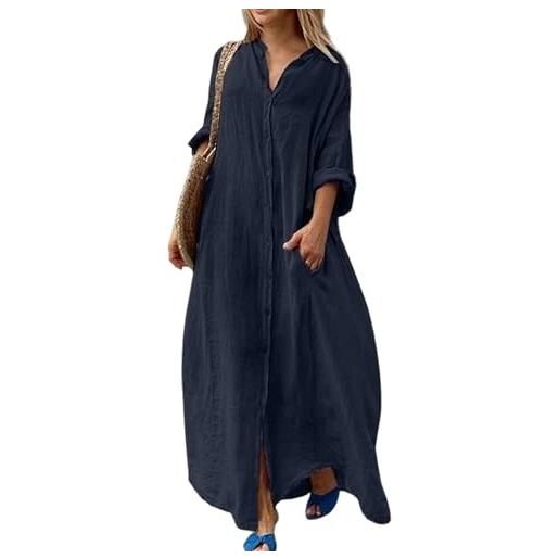 YMING donne abito chemisier estivo oversize in garza con tasche maxi abito casual monocolore abbottonabile in cotone lino blu scuro l