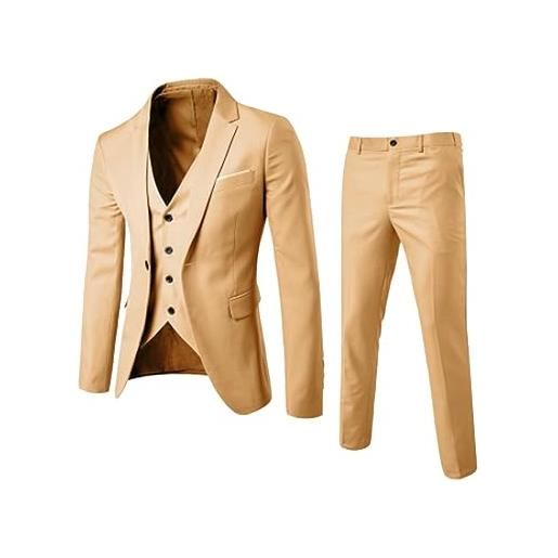 YOUYING completo da uomo 3 pezzi slim fit monopetto giacca gilet pantaloni blazer set casual business party abiti da matrimonio, c# cachi, l