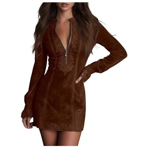 Foweknow abito da donna in pelle scamosciata, sexy, con mezza cerniera, per donna, stile cowgirl occidentale, scollo a v, maniche lunghe, abito da cocktail, tinta unita, stile retrò, in camoscio