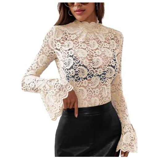 Momtecanuo top da donna a maniche lunghe in pizzo a maglia con collo alto camicetta trasparente sexy floreale per uscire