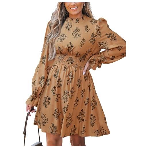 CUPSHE mini abito autunnale floreale da donna con collo a lupetto con maniche lunghe a volant elastico in vita punto smock casual fluidi mini abiti, mandorla bruciata, m