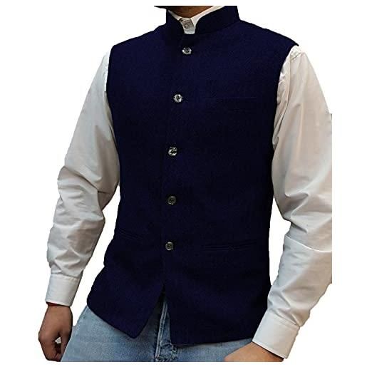 HSLS gilet da uomo in lana a spina di pesce gilet da lavoro in tweed con collo alto panciotto(xxl, marina militare)