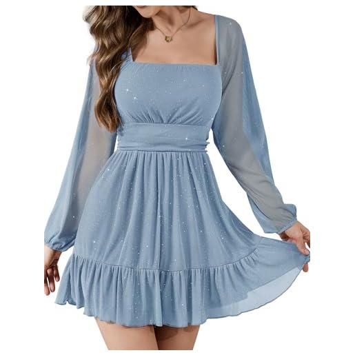 Bridesmay abito da donna a maniche lunghe con scollo quadrato e taglio svasato, casual, da festa, con orlo a volant, azzurro, s