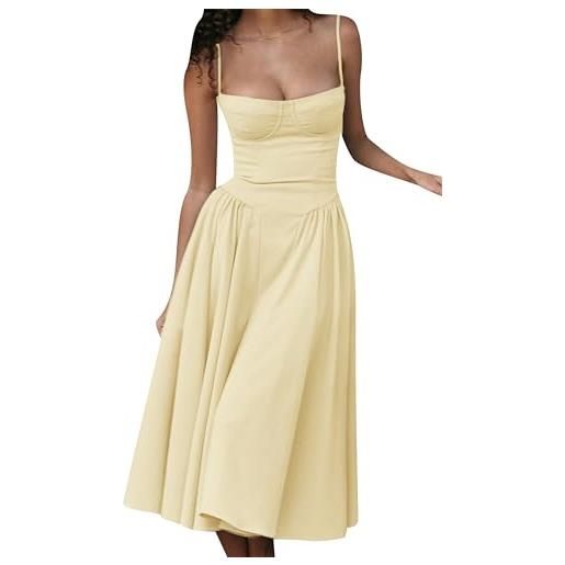 EFOFEI abiti donna con taglio basso schienale abito casual al ginocchio scollo quadrato e senza maniche giallo chiaro m