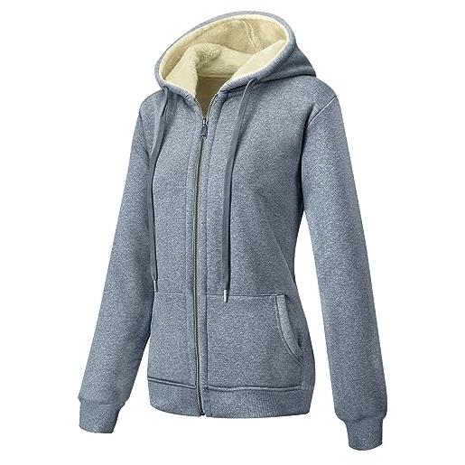 MOVE BEYOND giubbotto felpa da donna con cappuccio foderato in pile caldo giacca invernale a maniche lunghe con zip hoodie casual monocolore, grigio, m