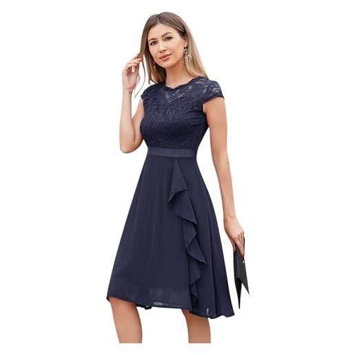 Odizli abito da cocktail da donna, elegante, a maniche corte, in pizzo, con volant, abito da sera, blu scuro, m