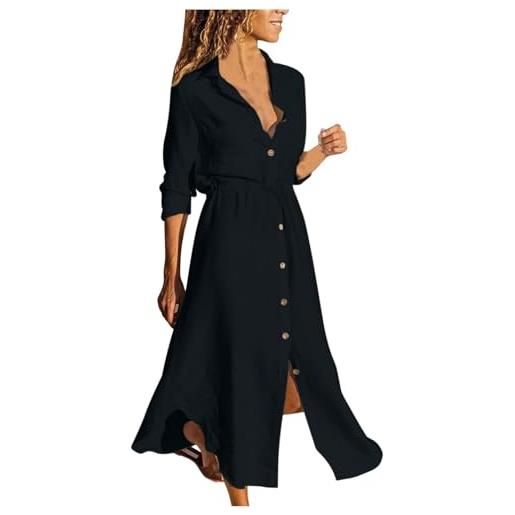 Generic abito lungo - abito camicia donna chemisier lungo in cotone lino, vestito casual monocolore con bottoni colletto coulisse vita, estate spiaggia vacanza e tempo libero
