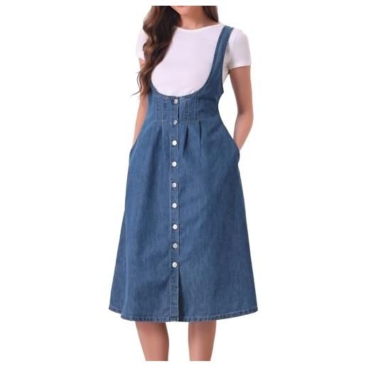 Allegra K donna abito bretelle abito longuette in denim classico con scollo a u con bottoni sul davanti e tasche