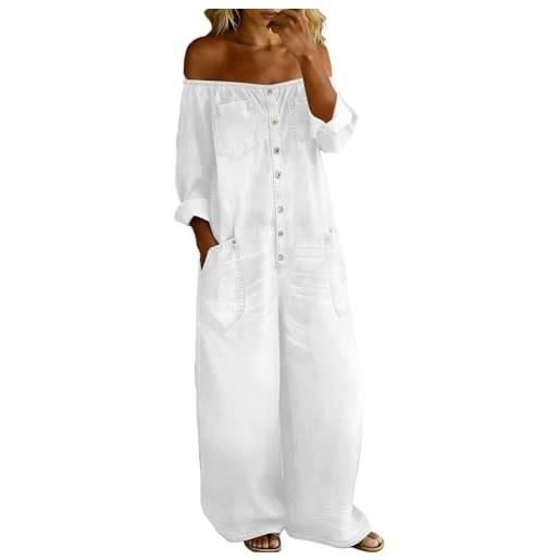 Generisch tuta da donna in tinta unita, con spalle scoperte, in denim, con tasche multiple, alla moda, vestibilità comoda, con bottoni, senza maniche, o bianco. , s