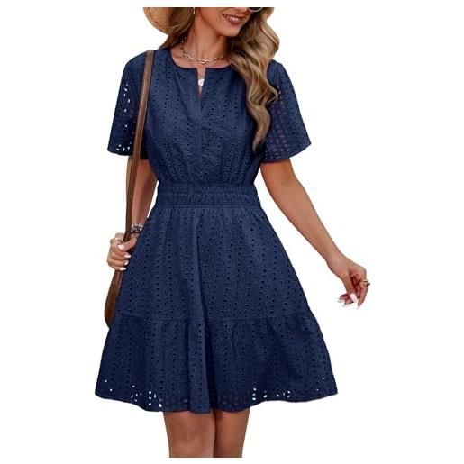 Svanco vestito donna in cotone, abito estivo donna elegante con scollo a v e motivo traforato, abito cerimonia donna per matrimonio in spiaggia, casual, feste e vita quotidiana