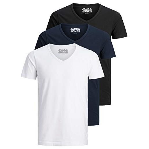 JACK & JONES jack and jones - maglietta da uomo basic con scollo a v, confezione da 3, tinta unita, slim fit, in bianco, nero, blu, grigio, l