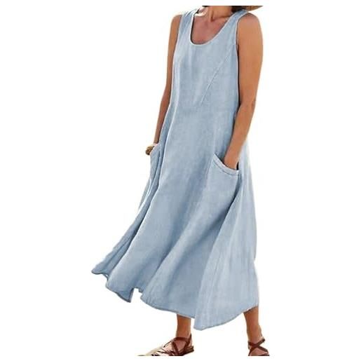 Generico abiti estivi da donna 2025, maxi dress senza maniche in cotone e lino, casual largo monocromatico taglie forti con tasche (sky blue, m)