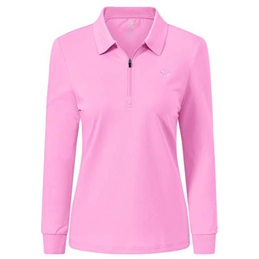 MoFiz polo donna manica lunga poloshirt lavoro camicia sportiva golf top con cerniera rosa s