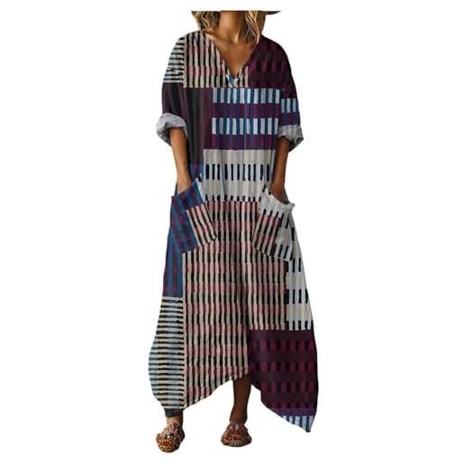 Mfhmom vestiti donna estivi taglie forti curvy abito lungo lino e cotone con tasche scollo v bohemien traspirante vestito estivo donna largo comodo abbigliamento primavera spiaggia
