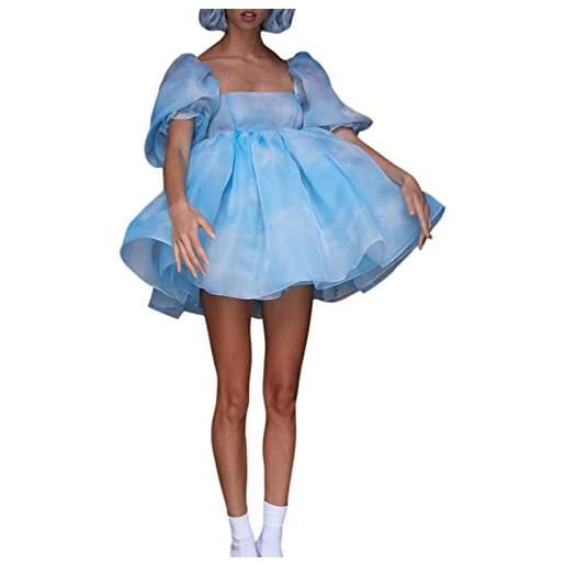 Owegvia mini abito da donna con maniche a sbuffo in tulle a trapezio abito da principessa lanterna volant festa di nozze abiti corti abiti da damigella d'onore in tulle, blu, s