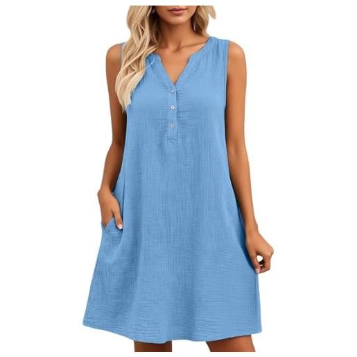 Generisch abito leggero in lino da donna, cotone e lino, midi, per il tempo libero, estivo, arioso, da casa, ampio, da spiaggia, linea a, casual, alla moda, con tasche, o celeste, s