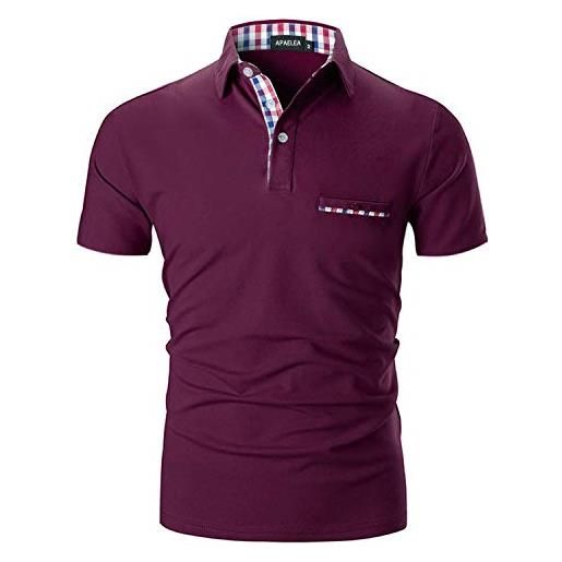APAELEA moda plaid collare polo uomo manica corta cotone tshirt business golf, rosso vino, l
