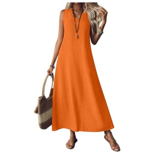 Generisch abiti in lino da donna 2025, abito maxi senza maniche con scollatura a v, casual, lungo, fluido, vestito da spiaggia per le vacanze al sole, colore: arancione. , l