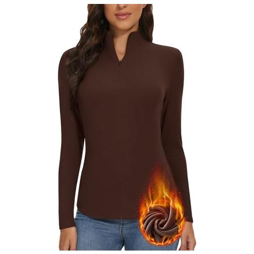 WOWENY - maglietta termica da donna a maniche lunghe con chiusura lampo a 1/4, in pile, con collo alto, pullover, mezza zip, top caldo, marrone, l
