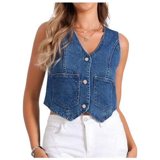 Allegra K gilet denim donna scollo v bottoni y2k | gilet in denim stile y2k con tasche frontali. Perfetto per festival e concerti. 