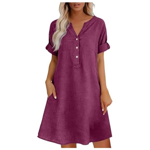 Generico abito estivo donna cotone lino vestito corto senza maniche lunghezza al ginocchio casual vestito da spiaggia leggero scollo a v con tasche prendisole mare taglie forti curvy abiti casual estivi