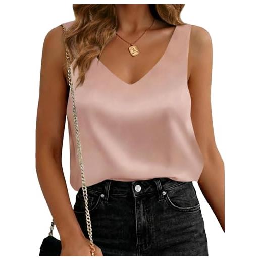 Cicy Bell canotta da donna in raso, estiva, in chiffon | scollo a v, senza maniche, tinta unita, elegante, casual