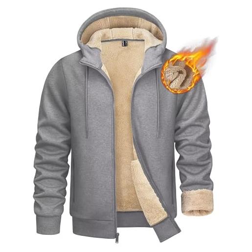 KEFITEVD - giacca da uomo con cappuccio sherpa foderata in pile termica con coulisse in cotone traspirante, giacca invernale da esterno resistente al vento, l