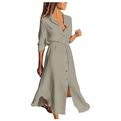 WOXIHUAN vestiti in lino donna casual colore solido tunica tinta unita eleganti scollo a v manica corta midi abito boho vestito lungo da spiaggia estivi cachi m