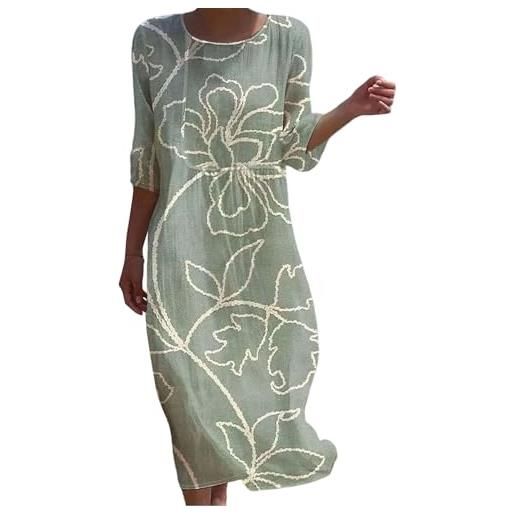 Gienslru vestito in lino donna estivo elegante lungo boho chic in lino effetto 3/4 manich abito maxi floreale vintage con tasche e comodo per mare vacanza primavera estate taglie forti curvy