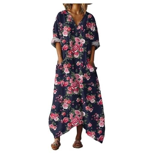 Mfhmom vestito donna estivo lungo in cotone e lino abito boho chic con grandi tasche scollo a v manica corta ampio traspirante casual vestiti lunghi estivi donna leggero mare