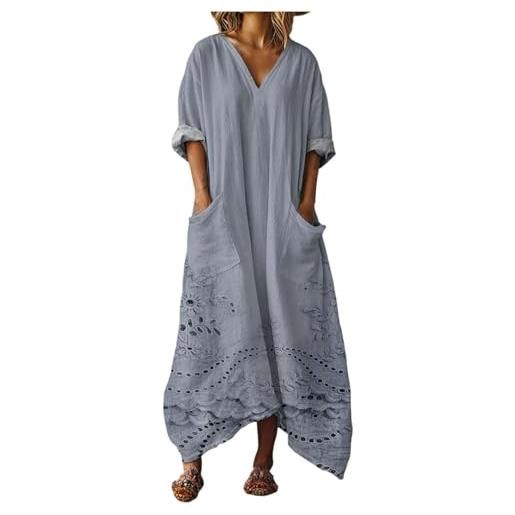 Mfhmom vestito donna estivo lungo in cotone e lino abito boho chic con grandi tasche scollo a v manica corta ampio traspirante casual vestiti lunghi estivi donna leggero mare