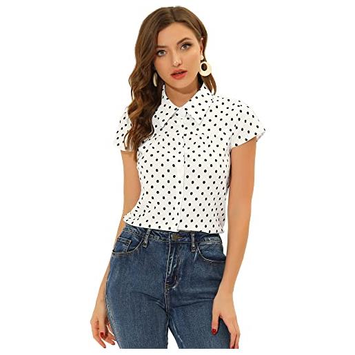 Allegra K camicia da donna vintage a maniche corte a pois, bianco, 40