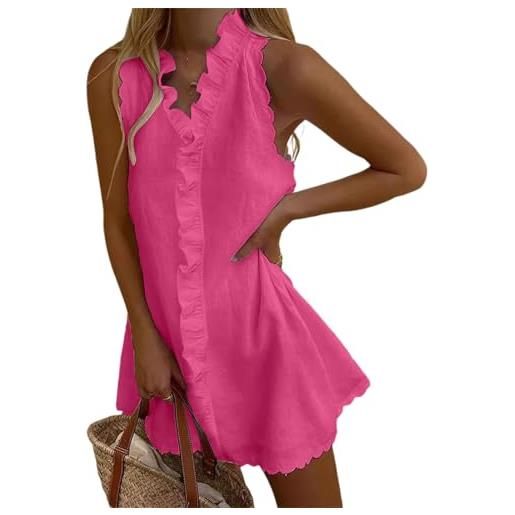 Generic mini abito da donna in cotone e lino, senza maniche, con scollo a v, con volant, taglio svasato, vestibilità ampia, prendisole per vacanze al mare, rosso rosato, m