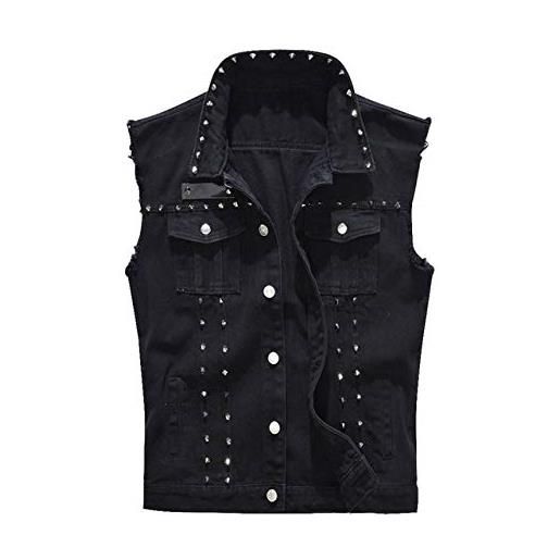 Loeay uomo moda rock rivetto gilet di jeans classico stile punk vintage cowboy jeans neri gilet moto giacca senza maniche cappotto nero m
