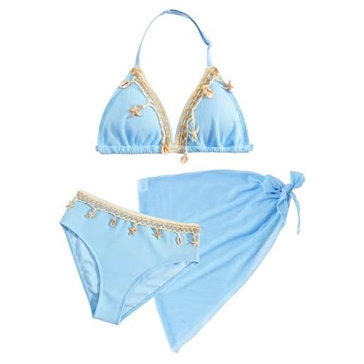 SEAUR ragazza set bikini con gonna a maglia 3 pezzi costume da bagno moda shell halter bikini set bambino estate spiaggia piscina 8-12 anni, blu, 11 anni