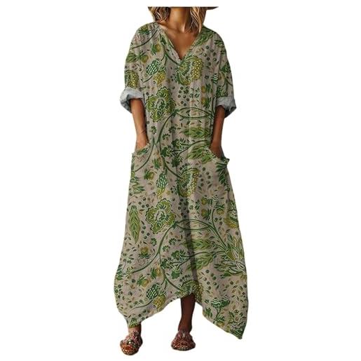Mfhmom vestito donna estivo lungo in cotone e lino abito boho chic con grandi tasche scollo a v manica corta ampio traspirante casual vestiti lunghi estivi donna leggero mare