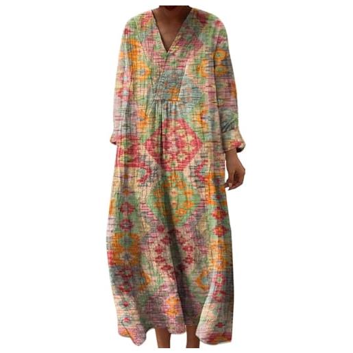 Gienslru abito estivo lungo donna boho chic floreale vintage, scollo a v maniche lunghe in lino leggero con tasche, vestito elegante casual per vacanze primavera estate taglie forti curvy 2026 moda cerimonia