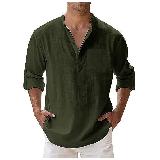 Luadnysin camicia lino uomo maglietta di abbigliamento estivo camice estive maglie cotone maniche lunghe taglie forti corte coreana estiva moda linen shirt men manica lunga gialla magliette, green, 3xl, verde