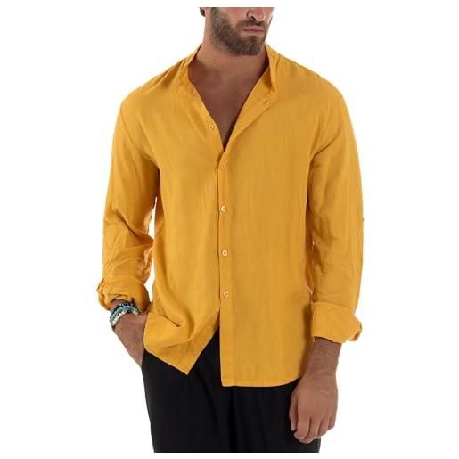 Giosal camicia uomo lino collo coreano maniche lunghe casual regular fit basic tinta unita vari colori (it, testo, xxl, regular, regular, senape)
