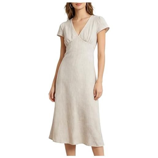 Amazhiyu abito in lino da donna in lino, a maniche corte, con scollo a v, maxi abito estivo, abito da spiaggia, lungo, per il tempo libero, con cintura, lino, s