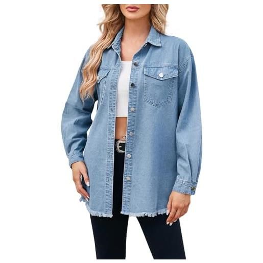 Generic huifuao camicia di denim lavato giacca donna oversize button down cappotto di jeans con tasca manica lunga camicetta di denim sfrangiato top