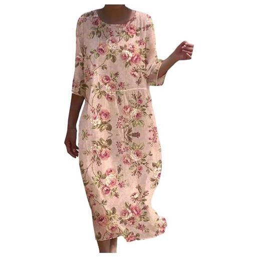 Gienslru vestito in lino donna estivo elegante lungo boho chic in lino effetto 3/4 manich abito maxi floreale vintage con tasche e comodo per mare vacanza primavera estate taglie forti curvy