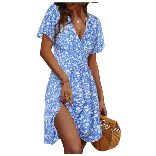 LIAMERHE abito estivo donna scollo a v vestito a portafoglio manica corta floreale abiti al ginocchio elegante per cerimonia invitata matrimonio spiaggia vacanza casual boho chic floreale-3 s