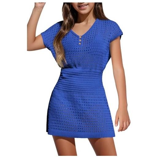 Haloumoning - costume da bagno per bambine, lavorato a maglia/uncinetto, con copertura da spiaggia, moda, bottoni, a maniche corte, 5-14 anni, blu navy, 13-14 anni