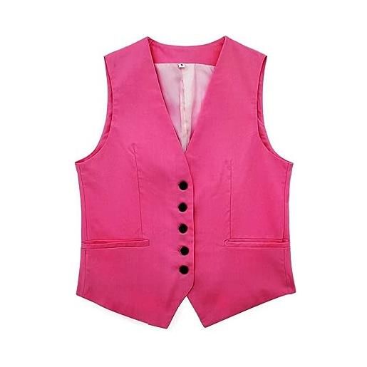 Generisch gilet da donna elegante, senza maniche, in lino, da donna, corto, in cotone, con scollo a v, con bottoni, da donna, estivo, in tinta unita, per affari, rosa acceso. , m