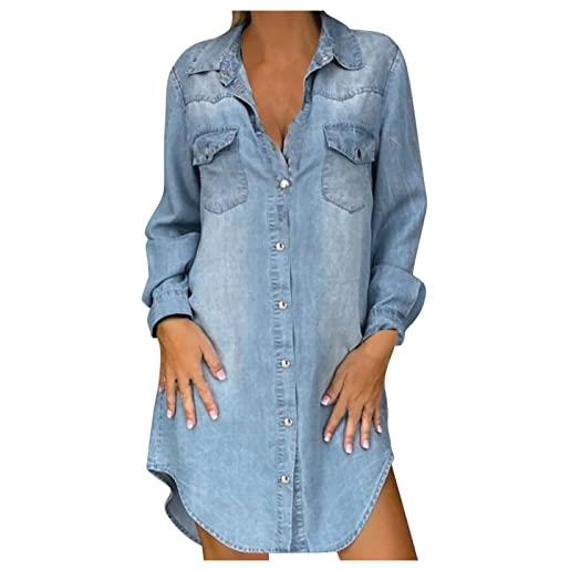 WOXIHUAN abito a camicia in denim donna vestito donna estivo casual jeans vestito elegante maniche lunghe taglie forti abito donna estate abito boho da donna, estivo lunghezza al ginocchio da spiaggia