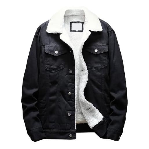 ZDJSWJ cappotto in lana denim da uomo con colletto rovesciato fodera in pile sherpa con colletto in pelliccia giubbotti in denim abbottonati invernali in cotone, nero , xxxl