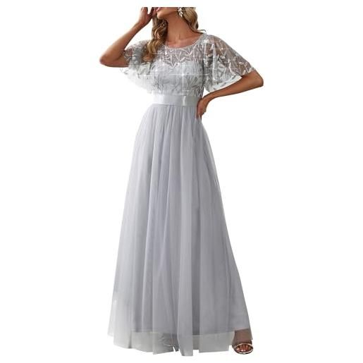 Ever-Pretty vestiti da cerimonia stile impero maniche corte linea ad a elegante scollo a rotondo donna tulle grigio 44