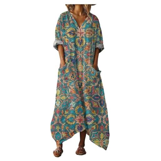 Mfhmom vestito donna estivo lungo in cotone e lino abito boho chic con grandi tasche scollo a v manica corta ampio traspirante casual vestiti lunghi estivi donna leggero mare